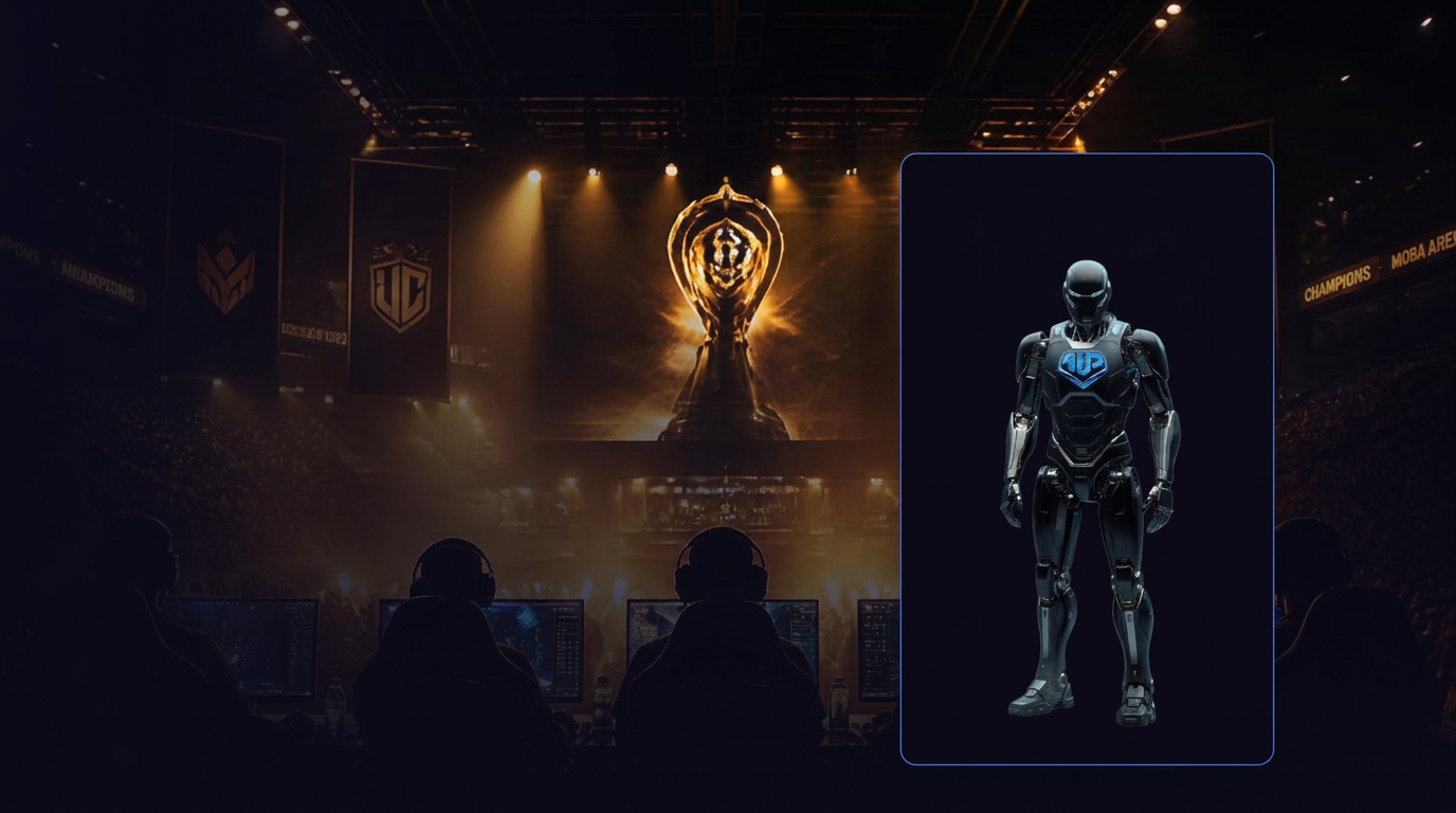 1UP ESPORTS arena with championship trophy and futuristic 1UP robot
